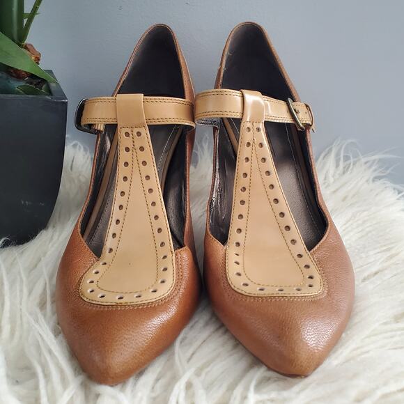 Circa Joan & David Brown Retro T-Strap Pointy Toe Heels Pumps Size 10M - Picture 5 of 14